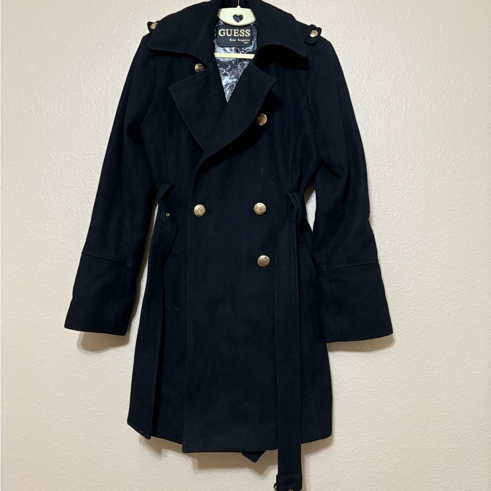 Guess Women's Black Trench Coat with Gold Buttons